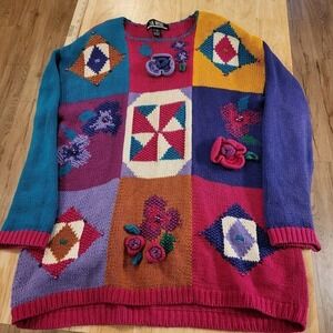 Vintage 90's Colorful Long Sweater Geometric Floral Cotton Blend Sm.